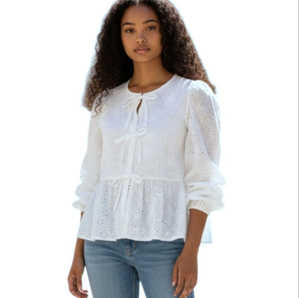 Kirundo White Eyelet Tie-Front Peplum Blouse Sz.M EUC